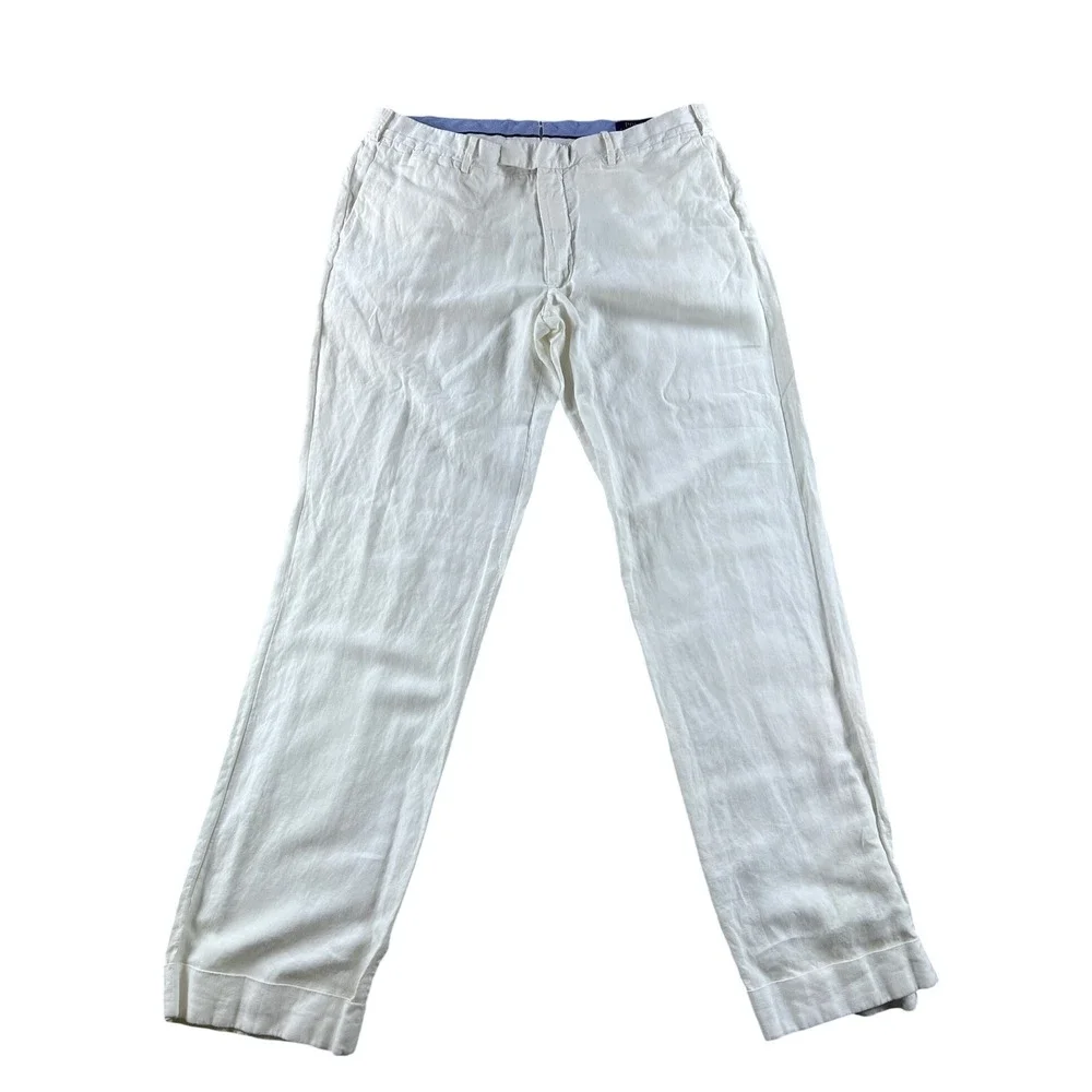 Polo Ralph Lauren Classic Fit White Linen Silk Cotton Pants 38x34 Cuffed Mens